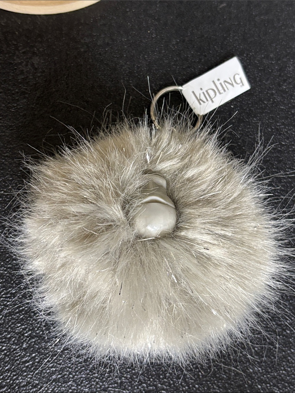 Kipling Light Gray Faux Fur Pom-Pom Keyring Keychain